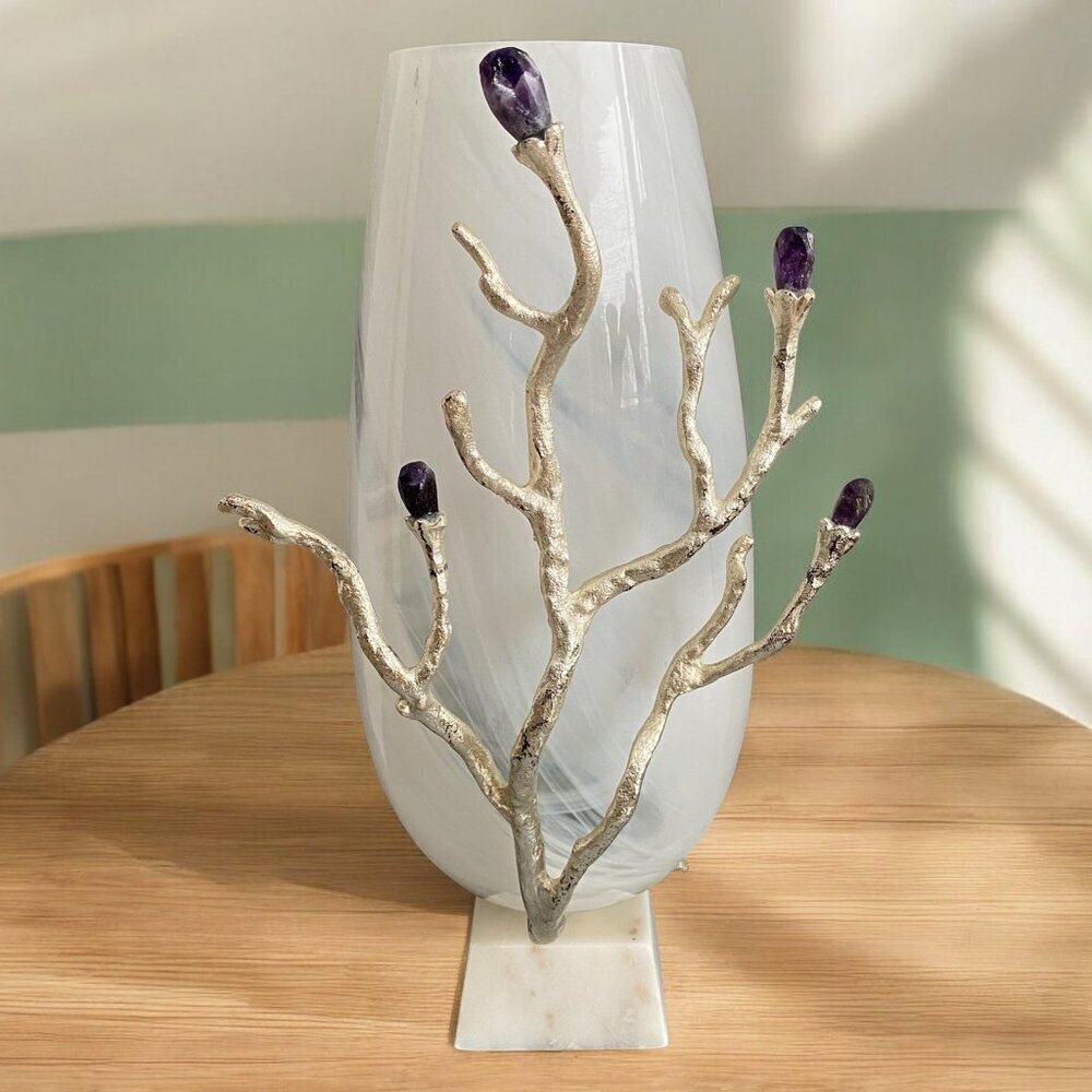 Amethyst Crystal Bud Vase Silver Branch Marble Base
